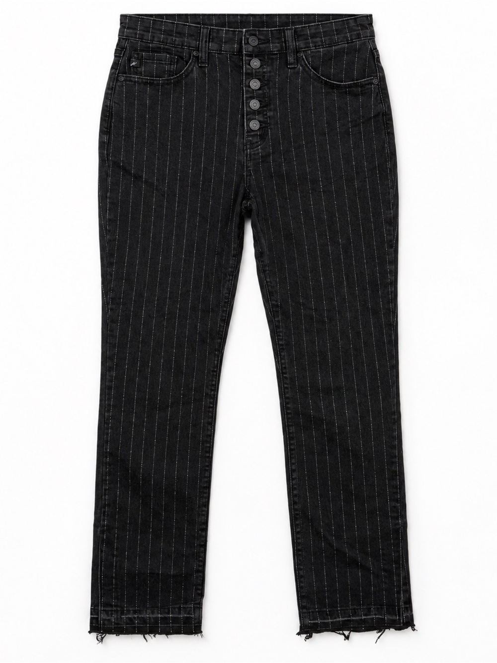 KanCan Black Silver Pinstripe High Rise Cropped Jeans 9/28 Raw Hem